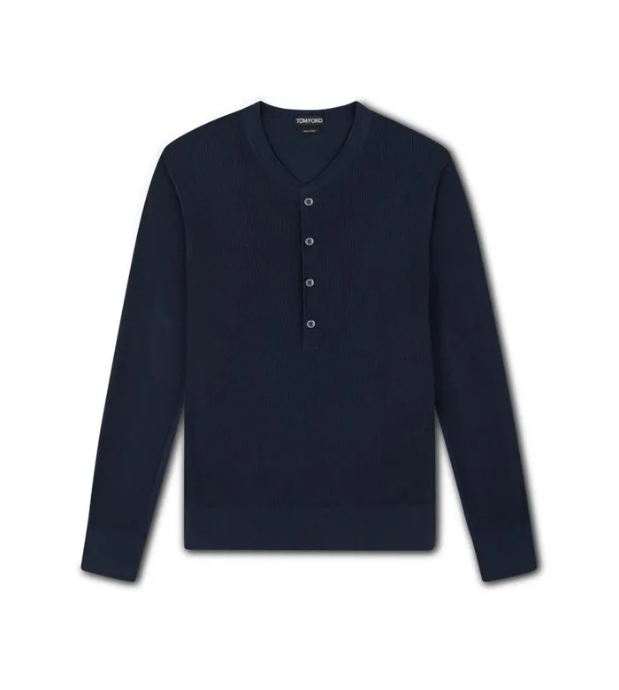 Men Shirts Tom Ford Silk Cotton Rib Henley Dark Blue
