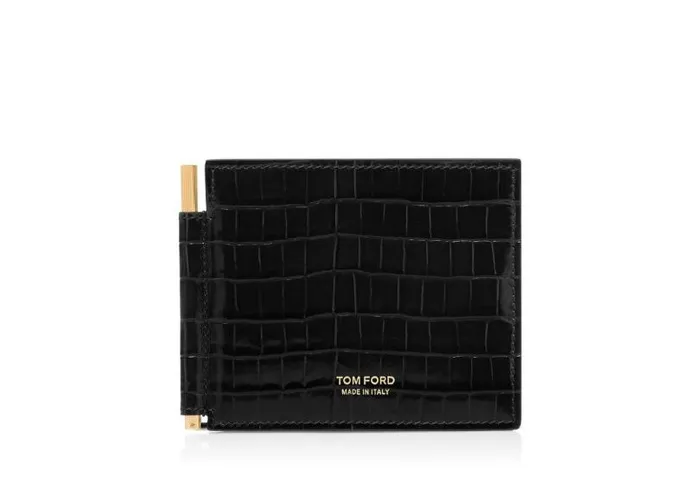 Men Small Leather Goods Tom Ford Glossy Printed Croc Money Clip Wallet Black