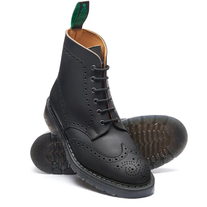 Men Solovair Brogue Boots Black Greasy 6 Eye Brogue Boot