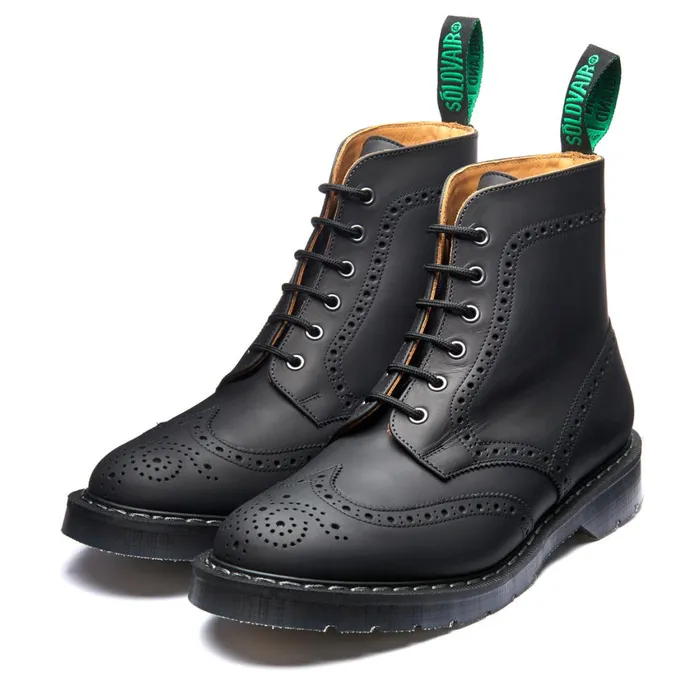 Men Solovair Brogue Boots Black Greasy 6 Eye Brogue Boot
