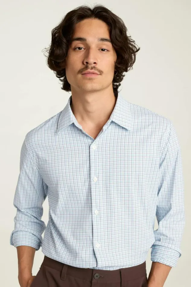 Men Tech Button Down Shirt Blue Jade Plaid Bonobos Business Casual Shirts