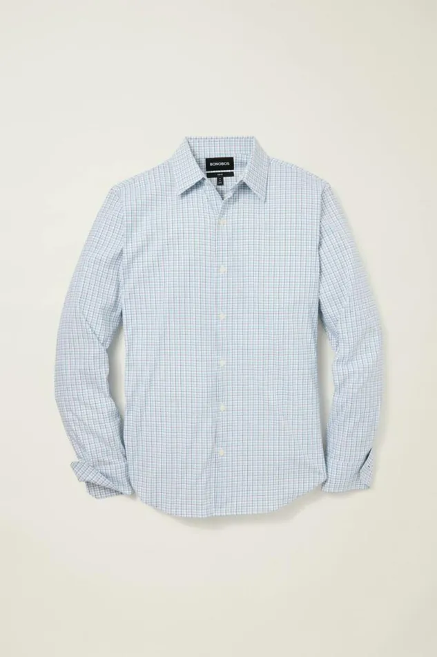 Men Tech Button Down Shirt Blue Jade Plaid Bonobos Business Casual Shirts