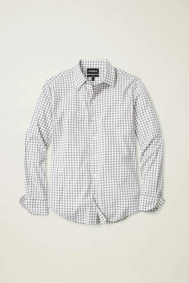 Men Tech Button Down Shirt Burgundy Zander Plaid Bonobos Business Casual Shirts