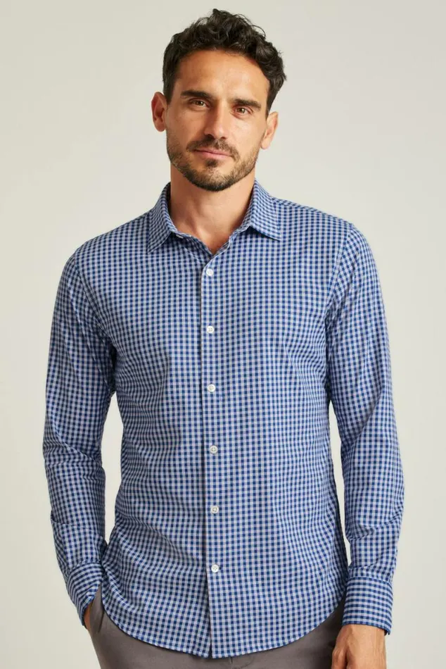 Men Tech Button Down Shirt Cornflower Blue Plaid Bonobos Business Casual Shirts