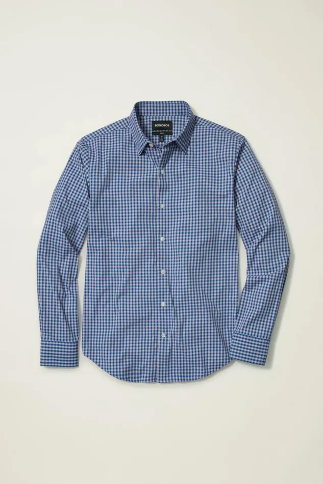 Men Tech Button Down Shirt Cornflower Blue Plaid Bonobos Business Casual Shirts