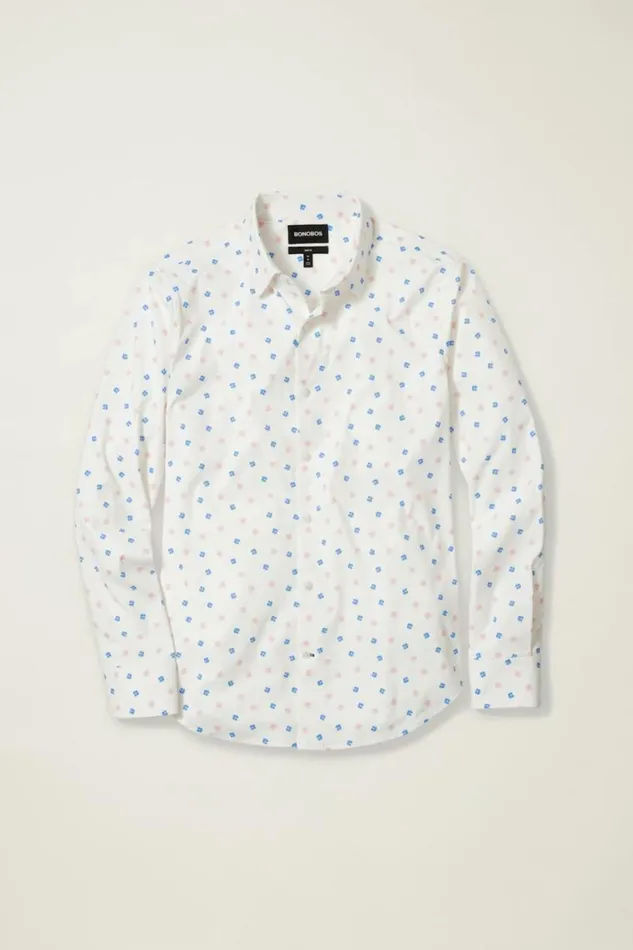Men Tech Button Down Shirt Cornflower Blue Rose Floral Bonobos Business Casual Shirts