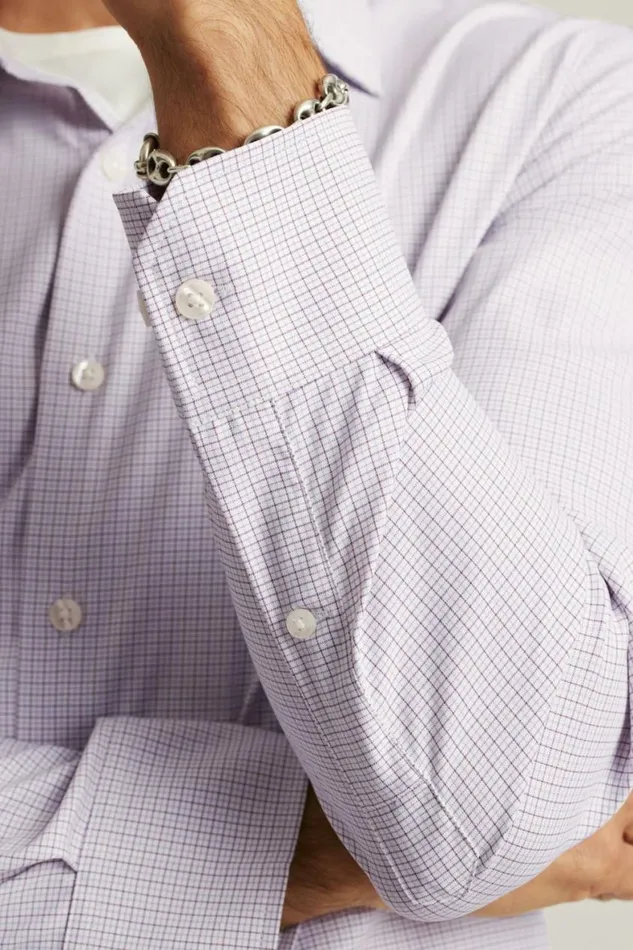 Men Tech Button Down Shirt Eggplant Plaid Bonobos Business Casual Shirts