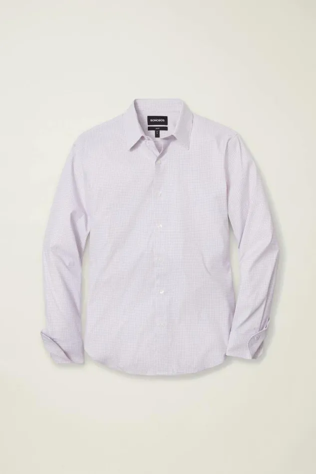 Men Tech Button Down Shirt Eggplant Plaid Bonobos Business Casual Shirts