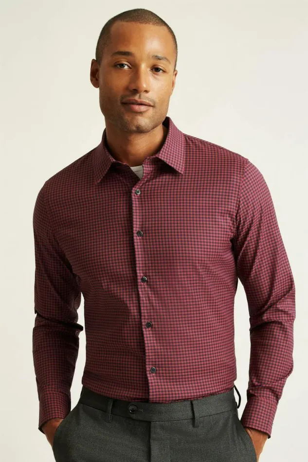 Men Tech Button Down Shirt Navy Red Gingham Bonobos Business Casual Shirts
