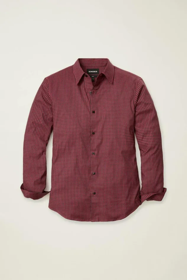 Men Tech Button Down Shirt Navy Red Gingham Bonobos Business Casual Shirts
