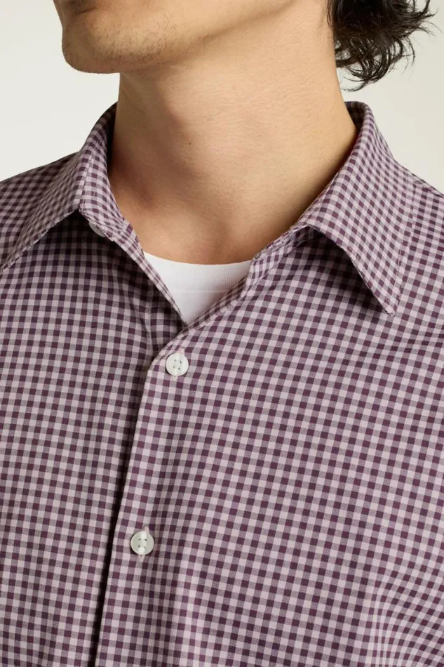 Men Tech Button Down Shirt Pink Plum Plaid Bonobos Business Casual Shirts