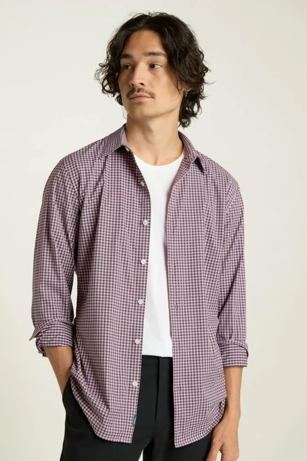 Men Tech Button Down Shirt Pink Plum Plaid Bonobos Business Casual Shirts