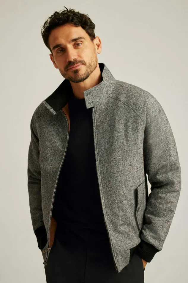 Men The Italian Wool Harrington Jacket Charcoal Donegal Tweed Bonobos Jackets and Coats