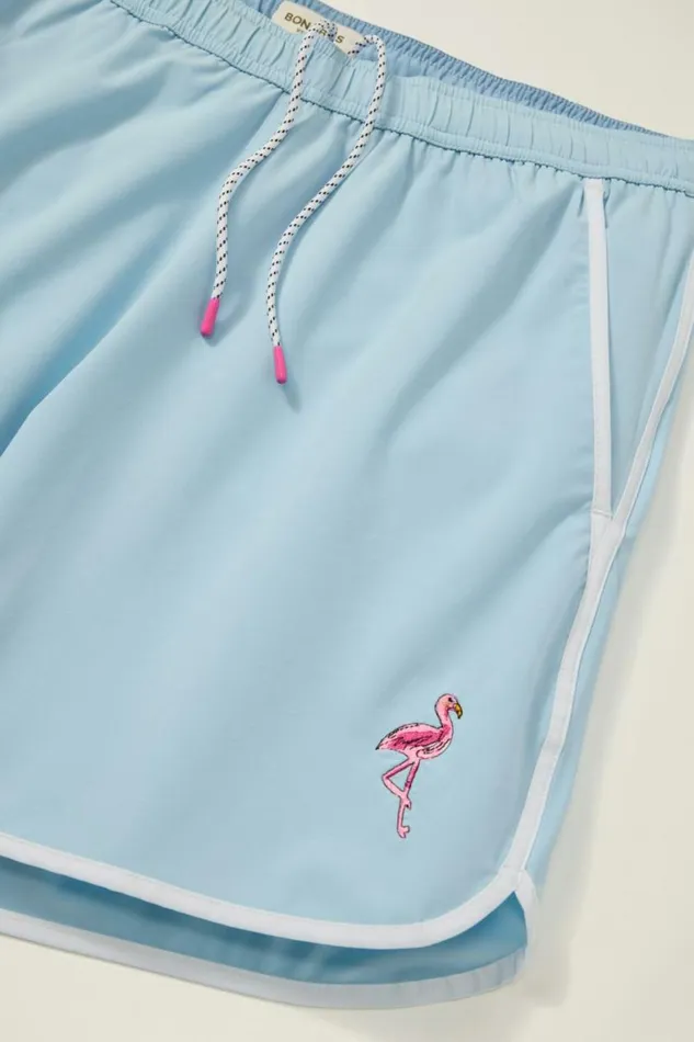 Men Throwback Swim Trunks Blue Flamingo Embroidery Bonobos Swim Trunks