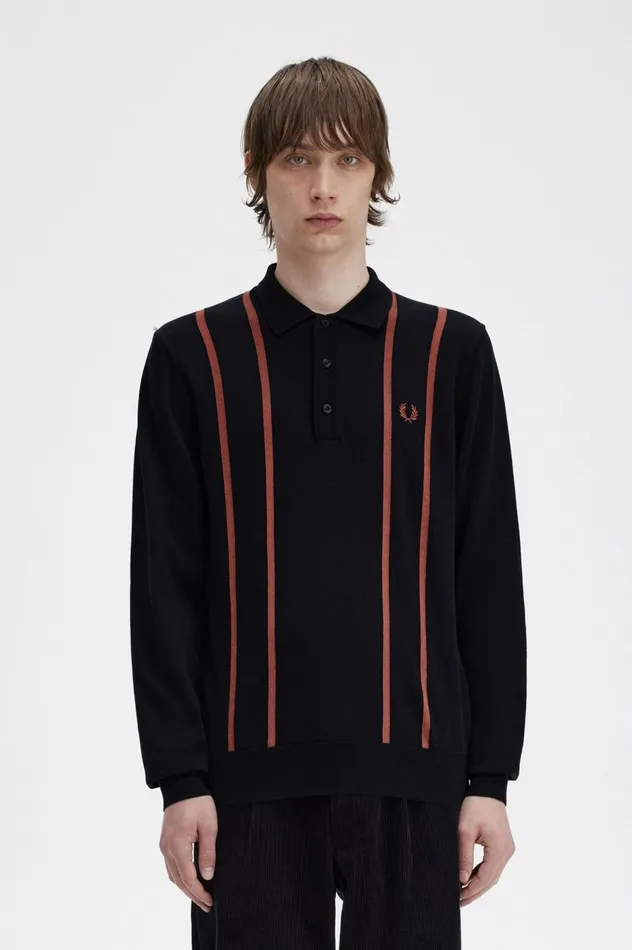 Men Vertical Stripe Knitted Shirt Black Fred Perry Knitwear
