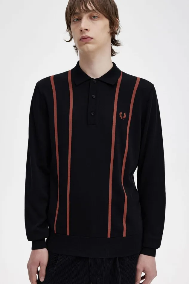 Men Vertical Stripe Knitted Shirt Black Fred Perry Knitwear