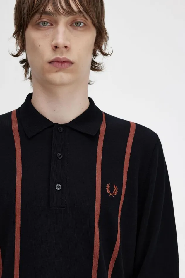 Men Vertical Stripe Knitted Shirt Black Fred Perry Knitwear