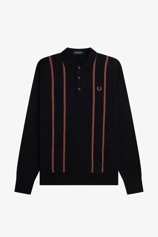 Men Vertical Stripe Knitted Shirt Black Fred Perry Knitwear