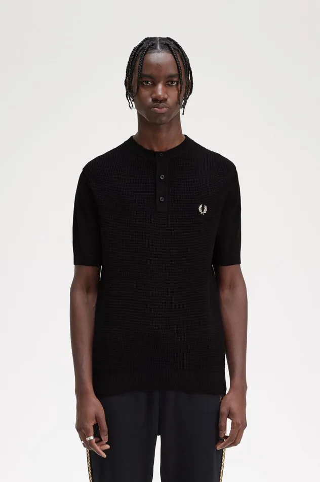 Men Waffle Stitch Henley Shirt Black Fred Perry Knitwear