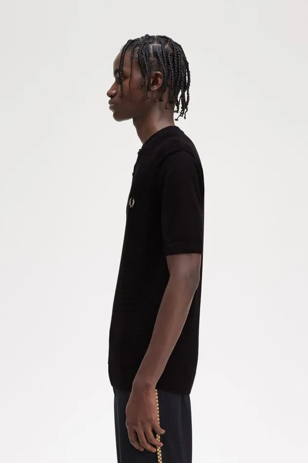 Men Waffle Stitch Henley Shirt Black Fred Perry Knitwear