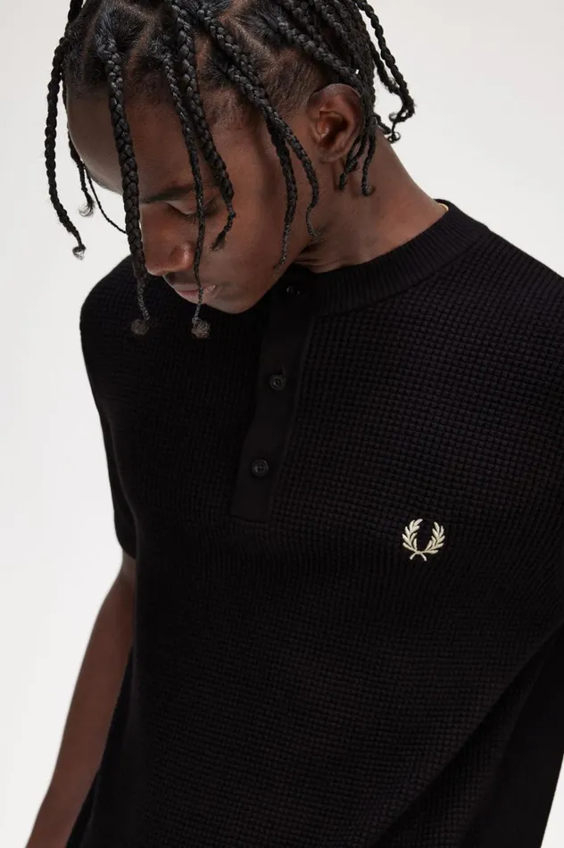 Men Waffle Stitch Henley Shirt Black Fred Perry Knitwear