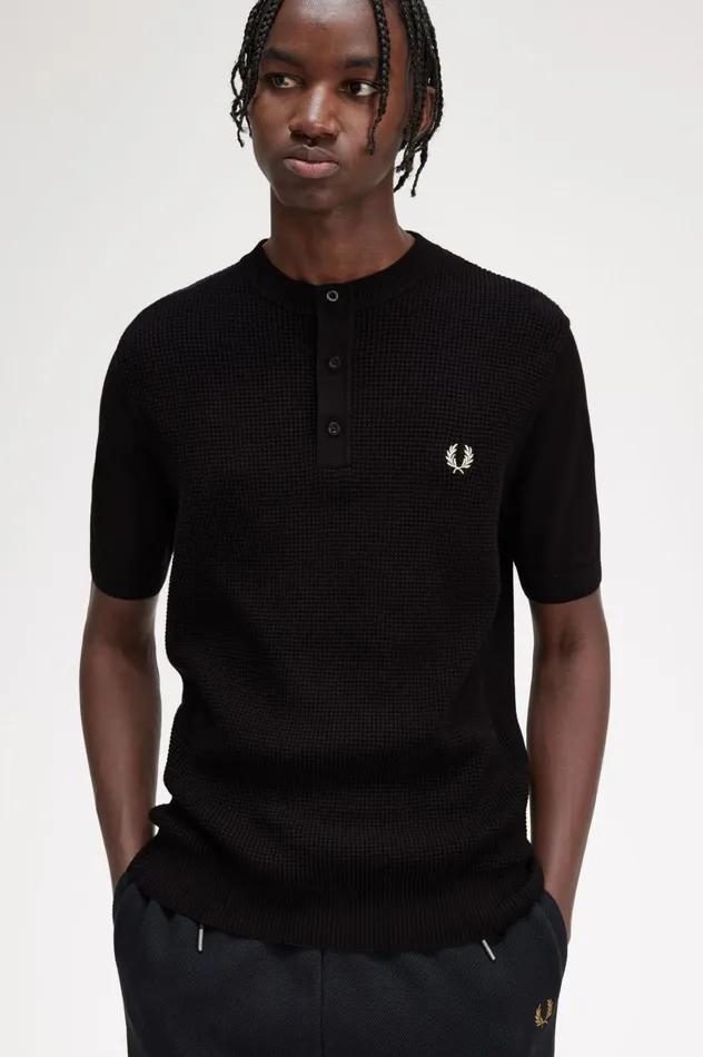 Men Waffle Stitch Henley Shirt Black Fred Perry Knitwear