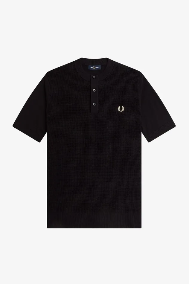 Men Waffle Stitch Henley Shirt Black Fred Perry Knitwear