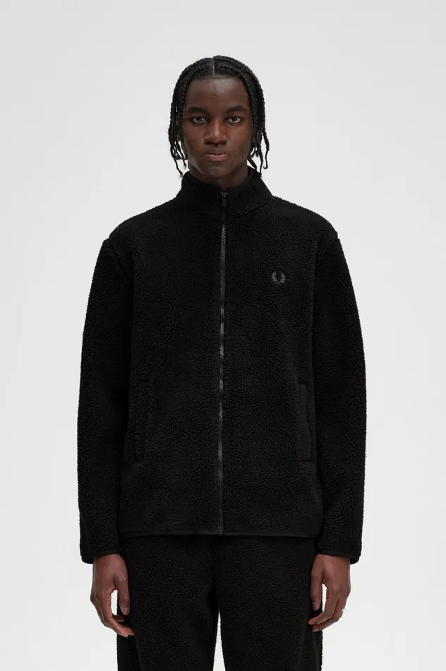 Men Zip Through Borg Fleece Black Fred Perry Coats and Jackets