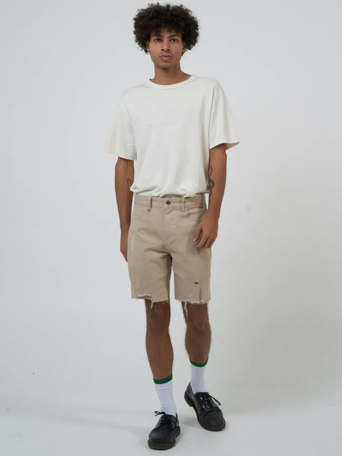 Mens Destroyed Bones Denim Short Smokey Taupe Thrills Denim Shorts