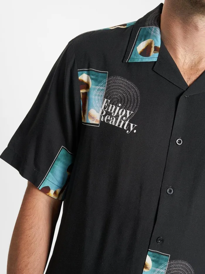 Mens Enjoy Reality Bowling Shirt Black Thrills Shirts