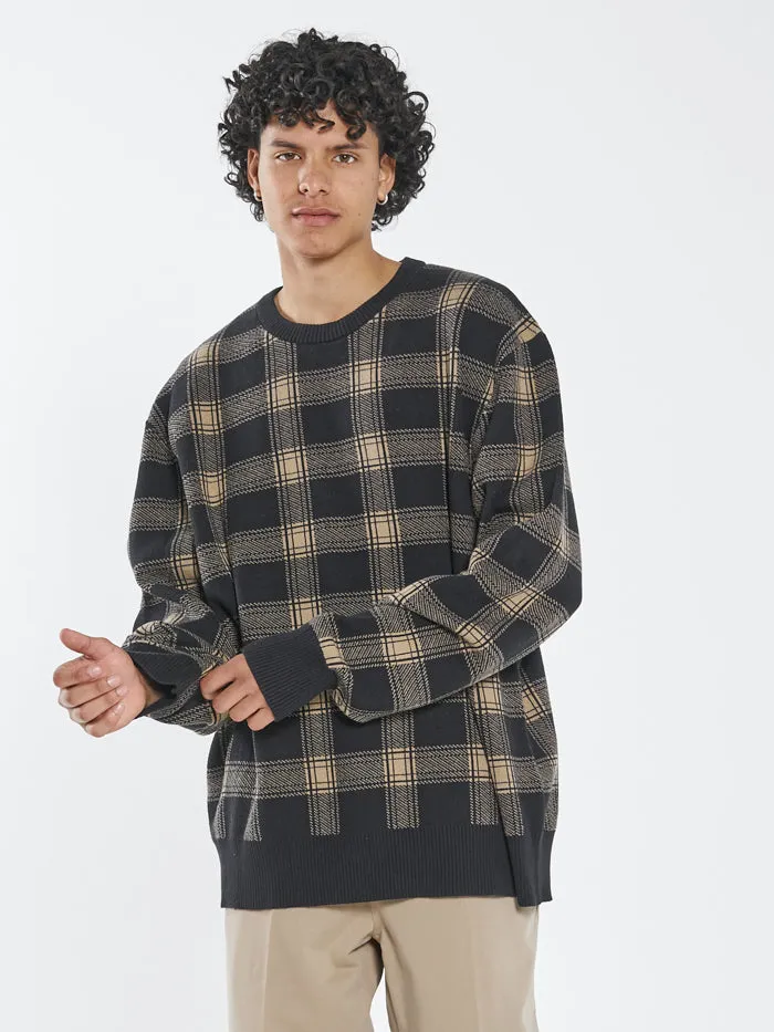Mens Now Then Crew Knit Black Thrills Sweaters and Fleece