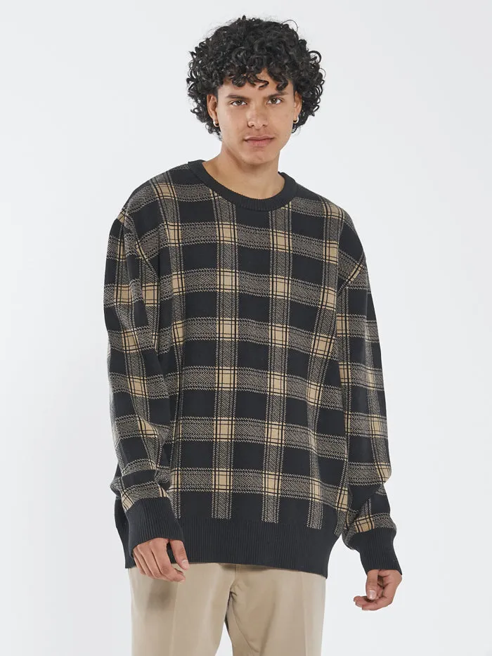 Mens Now Then Crew Knit Black Thrills Sweaters and Fleece