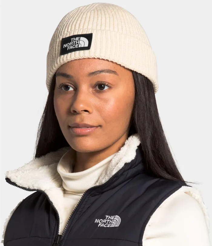 Mens TNF Logo Box Cuffed Beanie Bleached Sand The North Face Beanies and Scarves