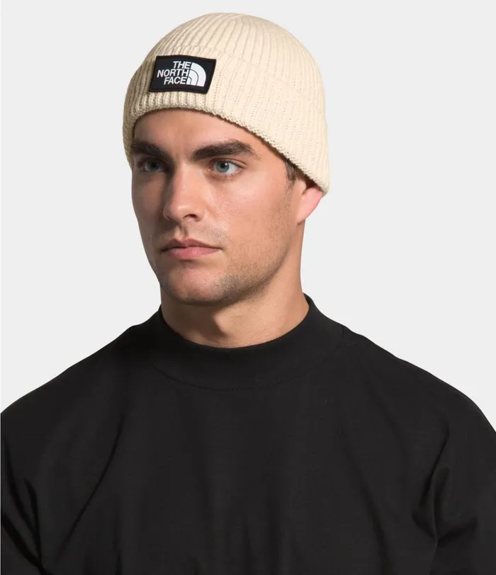 Mens TNF Logo Box Cuffed Beanie Bleached Sand The North Face Beanies and Scarves