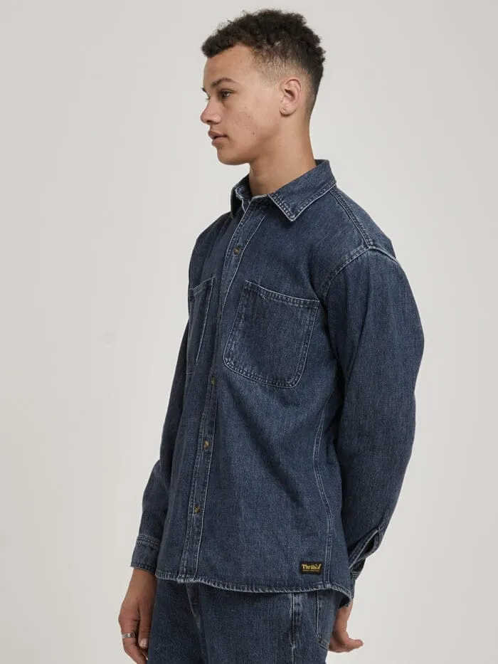 Mens Union Long Sleeve Work Shirt Worn In Blue Thrills Denim