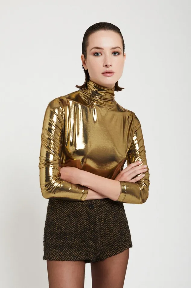 Ottod039Ame Stretch Turtleneck Tshirt With Vinyl Effect Women TShirts and Tops
