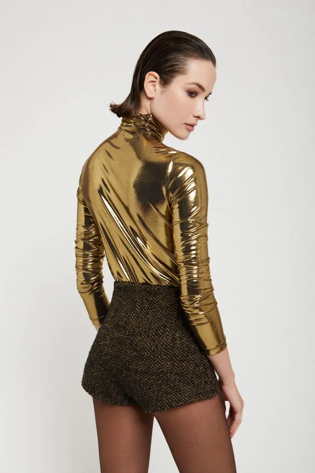Ottod039Ame Stretch Turtleneck Tshirt With Vinyl Effect Women TShirts and Tops