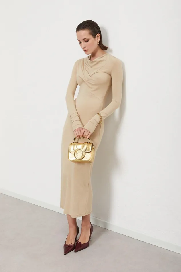 Ottod039Ame Viscose Long Dress With Pleats On The Neck Women Dresses