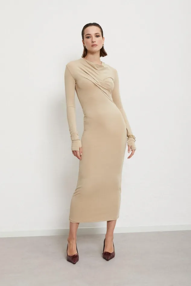 Ottod039Ame Viscose Long Dress With Pleats On The Neck Women Dresses