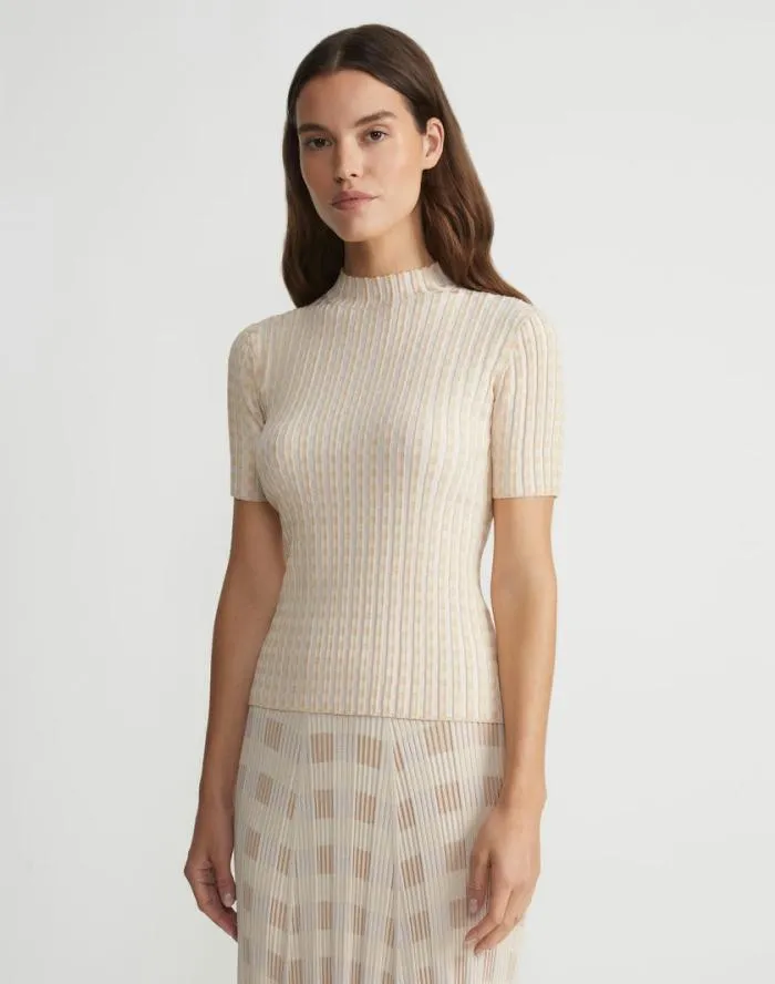 Ready To Wear Gingham Responsible Matte Crepe Short Sleeve Sweater Pampas Plume Multi Lafayette 148 New York Sweaters and Knits