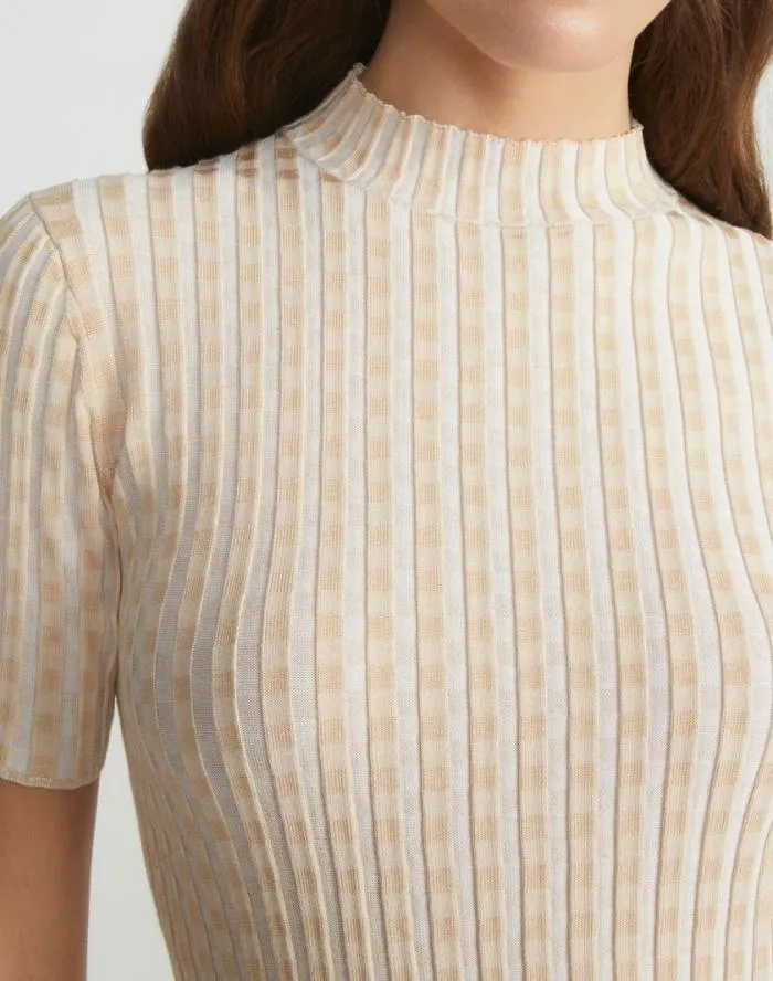 Ready To Wear Gingham Responsible Matte Crepe Short Sleeve Sweater Pampas Plume Multi Lafayette 148 New York Sweaters and Knits