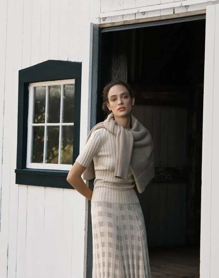 Ready To Wear Gingham Responsible Matte Crepe Short Sleeve Sweater Pampas Plume Multi Lafayette 148 New York Sweaters and Knits