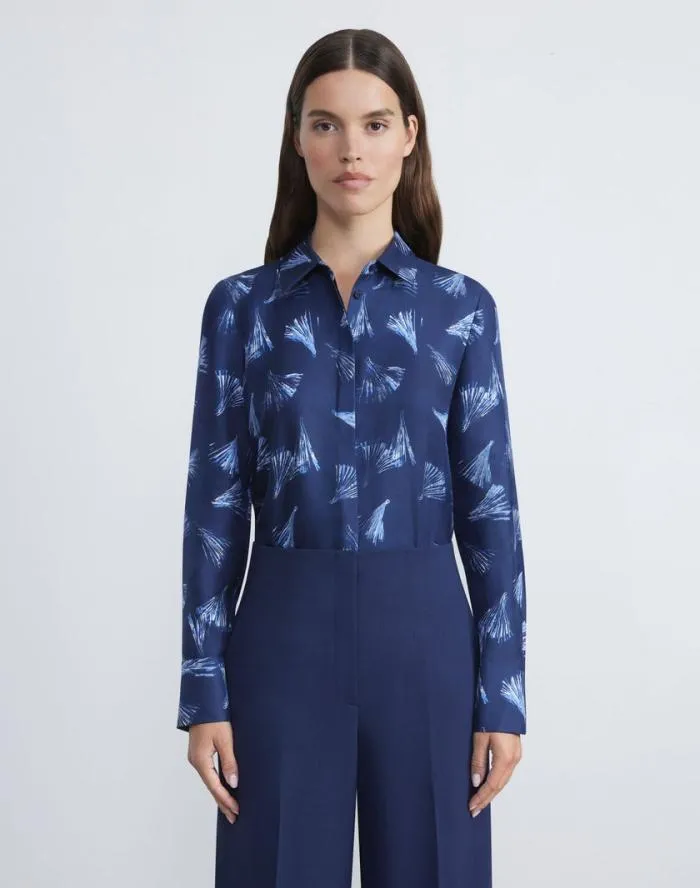 Ready To Wear Leafed Pages Print Silk Twill Blouse Midnight Blue Multi Lafayette 148 New York Blouses and Shirts