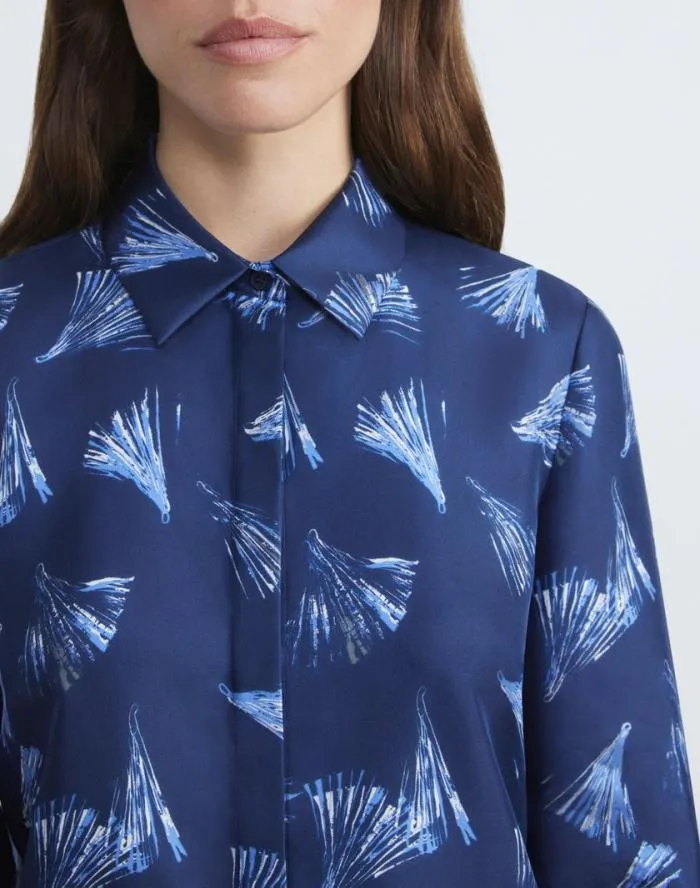Ready To Wear Leafed Pages Print Silk Twill Blouse Midnight Blue Multi Lafayette 148 New York Blouses and Shirts