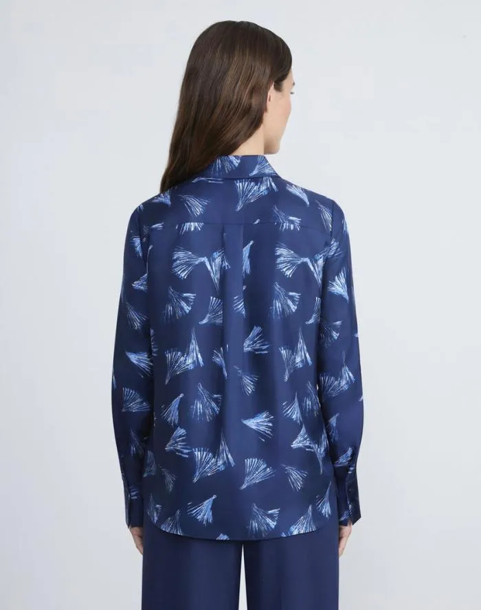 Ready To Wear Leafed Pages Print Silk Twill Blouse Midnight Blue Multi Lafayette 148 New York Blouses and Shirts