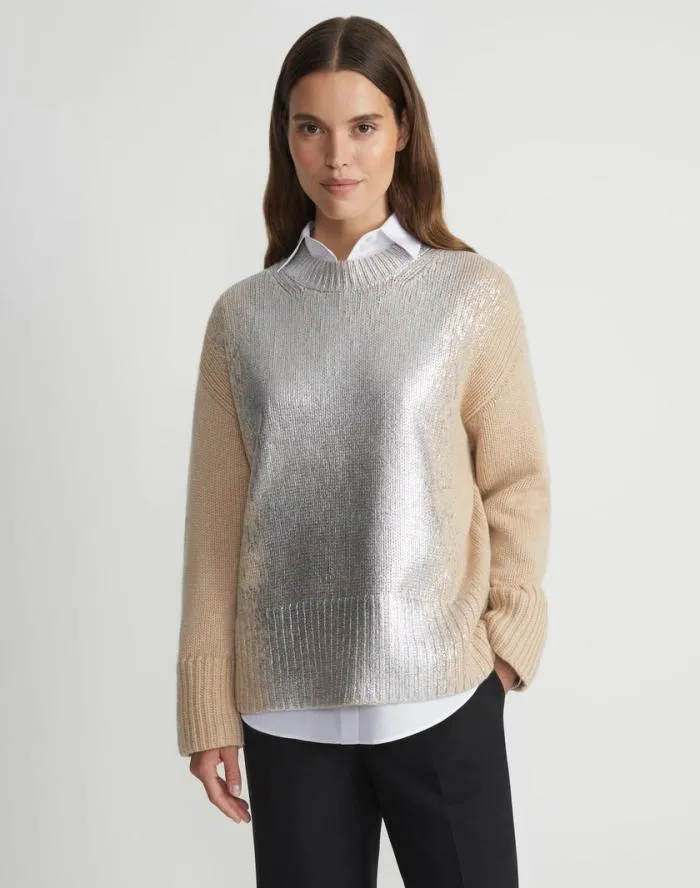 Ready To Wear Metallic Foil Print Cashmere Crewneck Sweater Dune Foil Lafayette 148 New York Sweaters and Knits