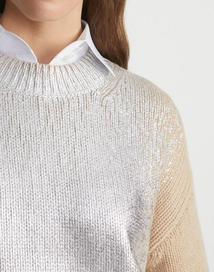 Ready To Wear Metallic Foil Print Cashmere Crewneck Sweater Dune Foil Lafayette 148 New York Sweaters and Knits
