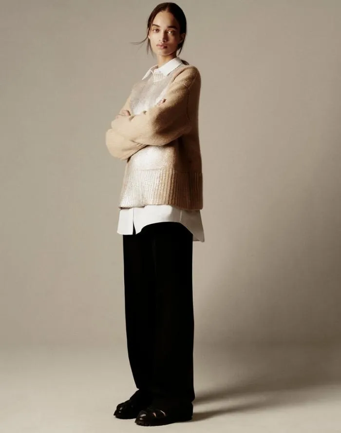 Ready To Wear Metallic Foil Print Cashmere Crewneck Sweater Dune Foil Lafayette 148 New York Sweaters and Knits