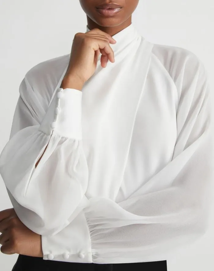 Ready To Wear Opaque and Sheer Silk Wrap Blouse Cloud Lafayette 148 New York Blouses and Shirts