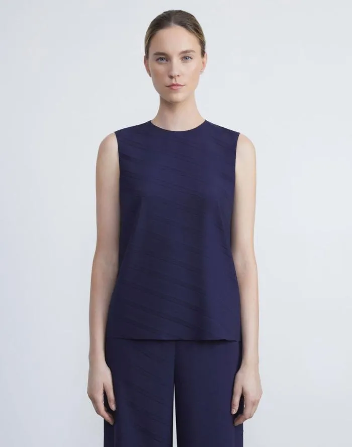 Ready To Wear Sateen Diagonal Pleat Blouse Midnight Blue Lafayette 148 New York Blouses and Shirts